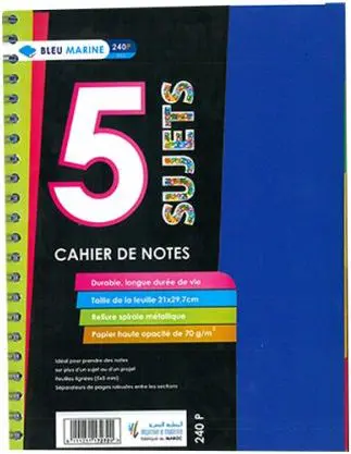 CAHIER DE NOTES 5 SUJETS - 240 PAGES